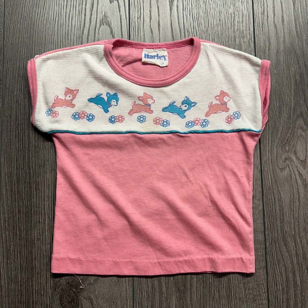 Vintage Harley Kids Pink White Deer Graphic T-Shirt Size 3X Retro Mesh Top